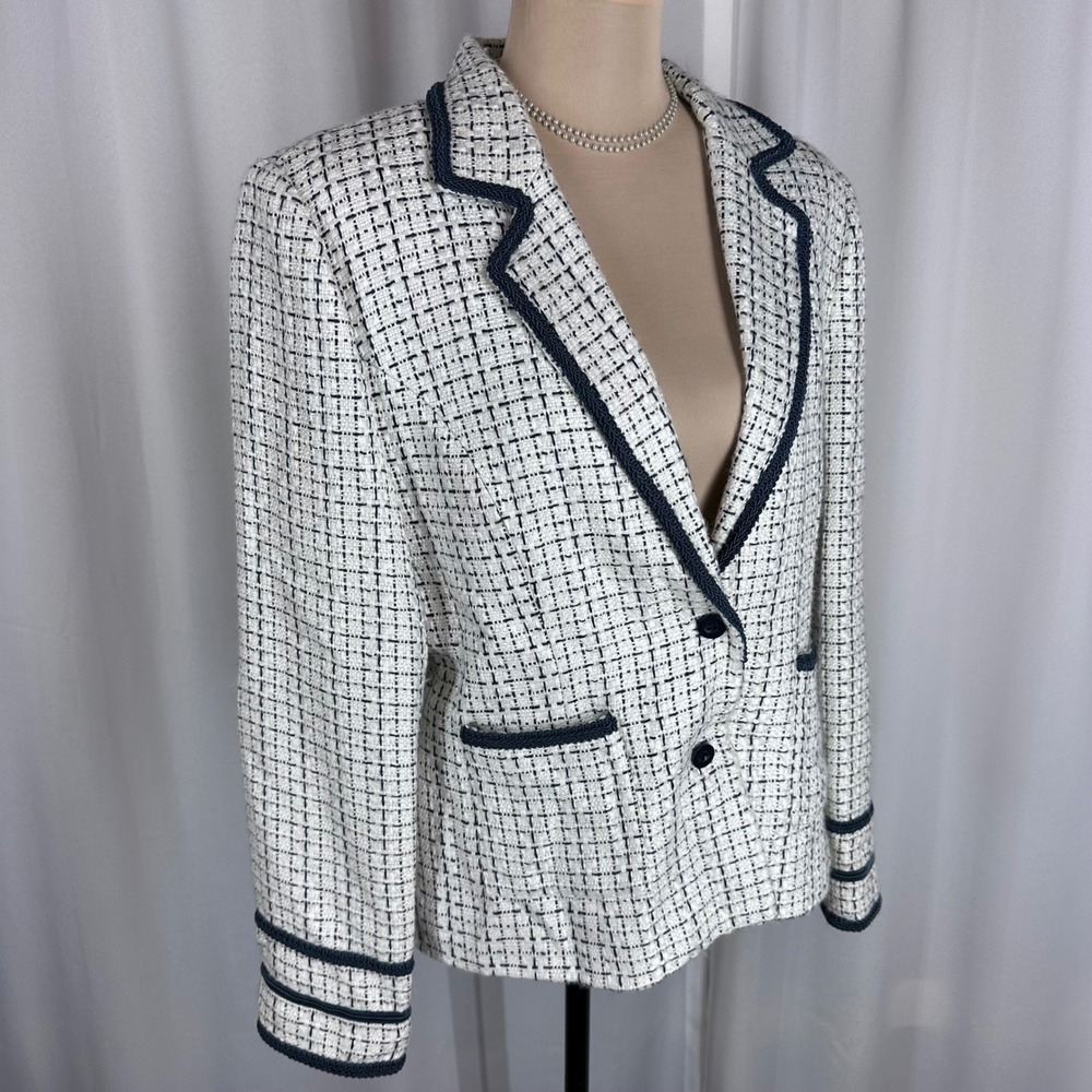 Russell Kemp Collection White Navy Tweed Blazer Jacket Women Size 12‎ READ